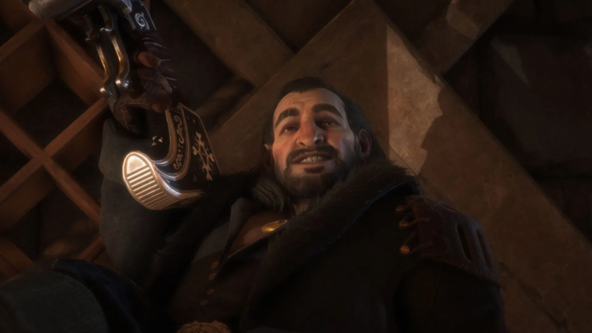 Cận cảnh Varric Tethras, người lùn trinh sát với cây nỏ Bianca, từ Dragon Age: The Veilguard, thể hiện sự hài hước và tinh ranh.