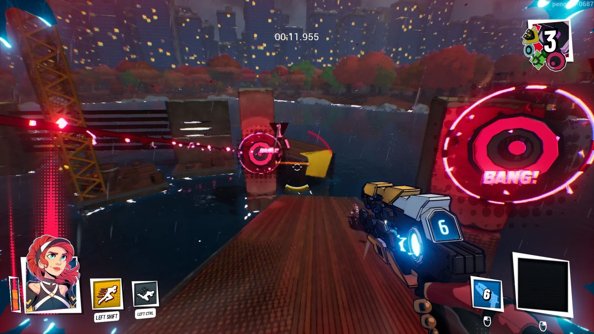 Cảnh gameplay JETRUNNER với phong cách đồ họa cel-shaded đặc trưng, cho thấy nhân vật Nina thực hiện các pha parkour trên đường đua đầy màu sắc, kết hợp bắn súng và di chuyển tốc độ cao.