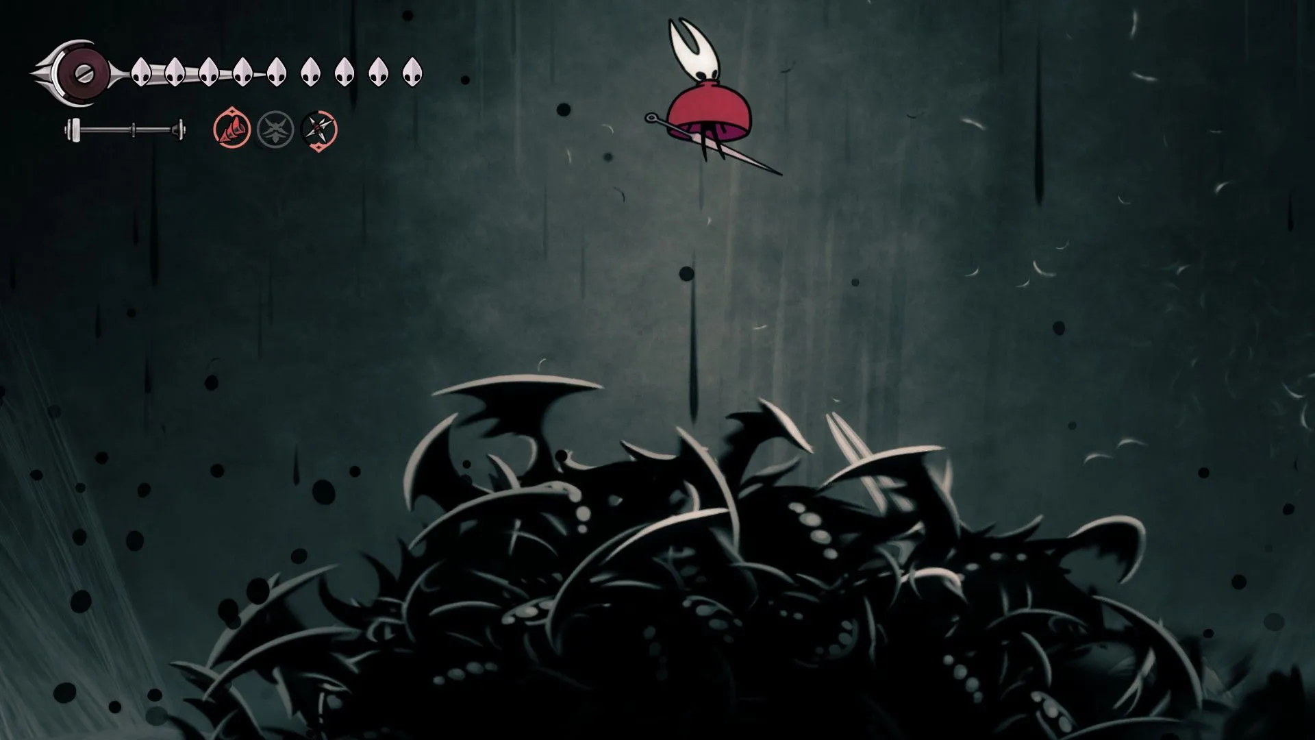 Cảnh Hornet vượt qua làn sóng Void khổng lồ trong Giai đoạn Chuyển tiếp của trận đấu Lost Lace trong Hollow Knight Silksong, minh họa chiến thuật né tránh môi trường.