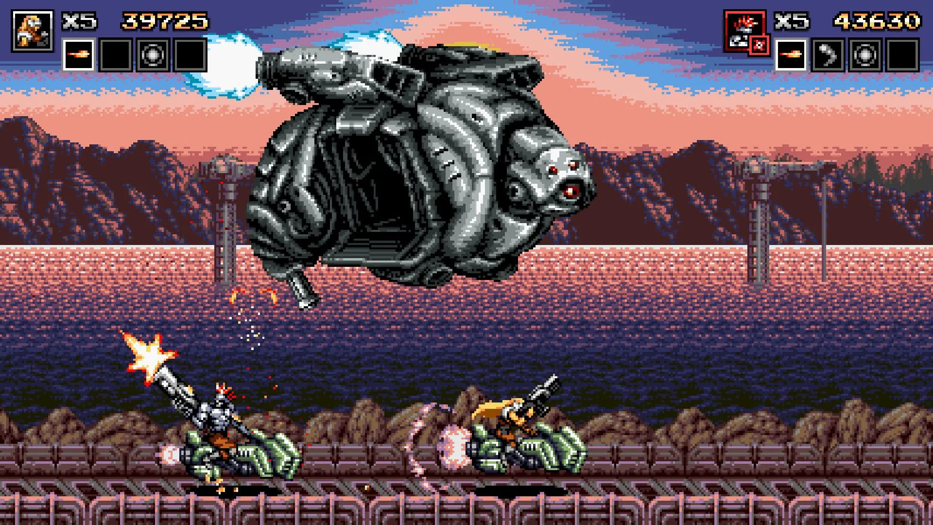 Gameplay Blazing Chrome với đồ họa pixel art cyberpunk, nhân vật điều khiển hoverbike chiến đấu trong môi trường hoang tàn