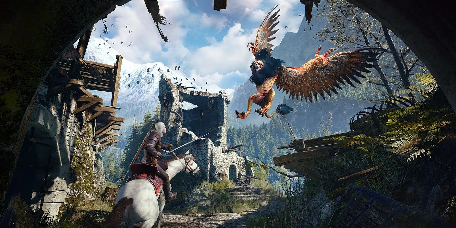 Geralt cưỡi ngựa chiến đấu với quái vật trong The Witcher 3, minh họa lối chơi hành động kịch tính của game