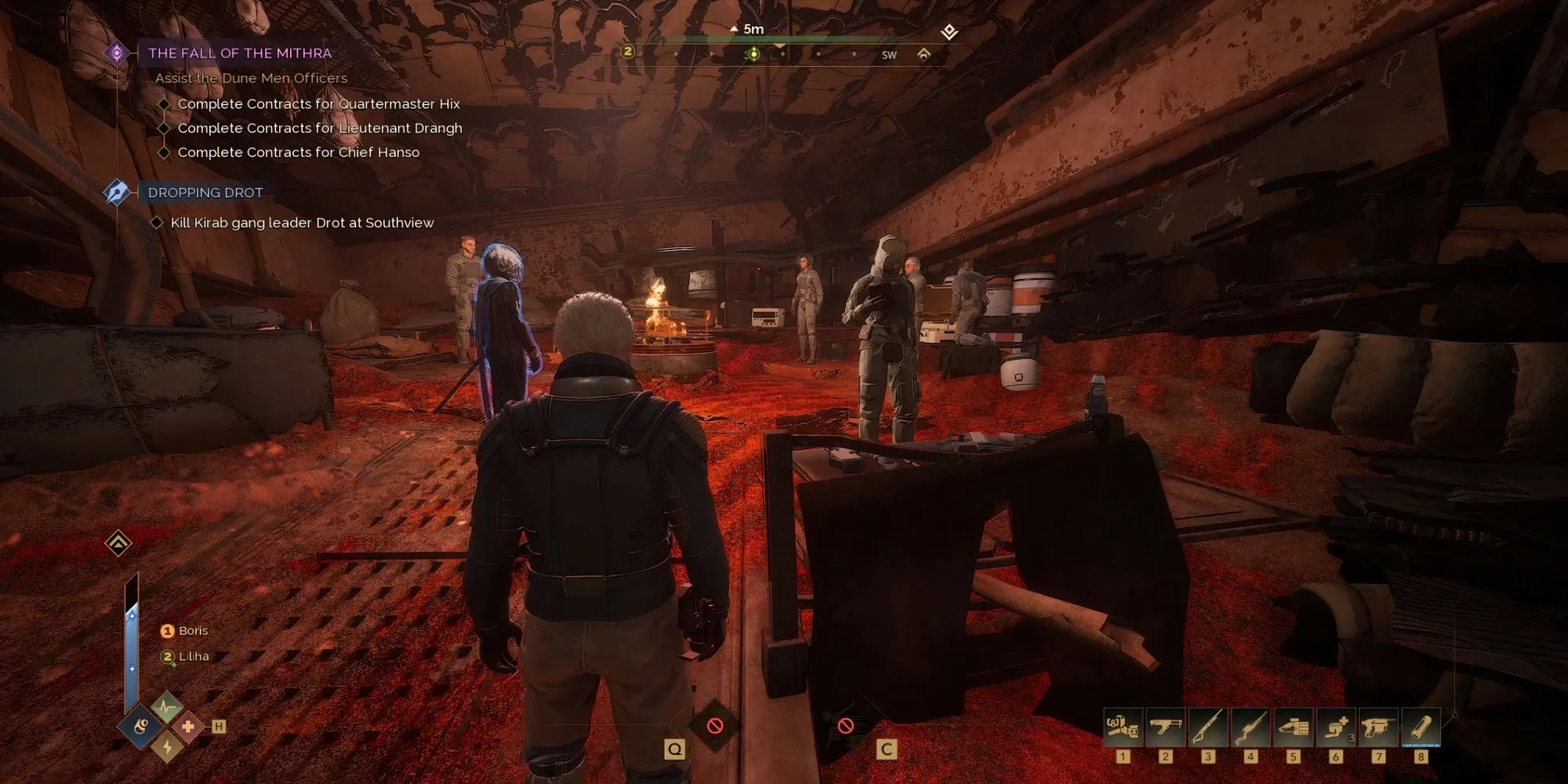 Giao diện nhiệm vụ trong Dune Awakening Lost Harvest DLC, hiển thị hợp đồng ban đầu từ các thành viên phi hành đoàn Mithra.