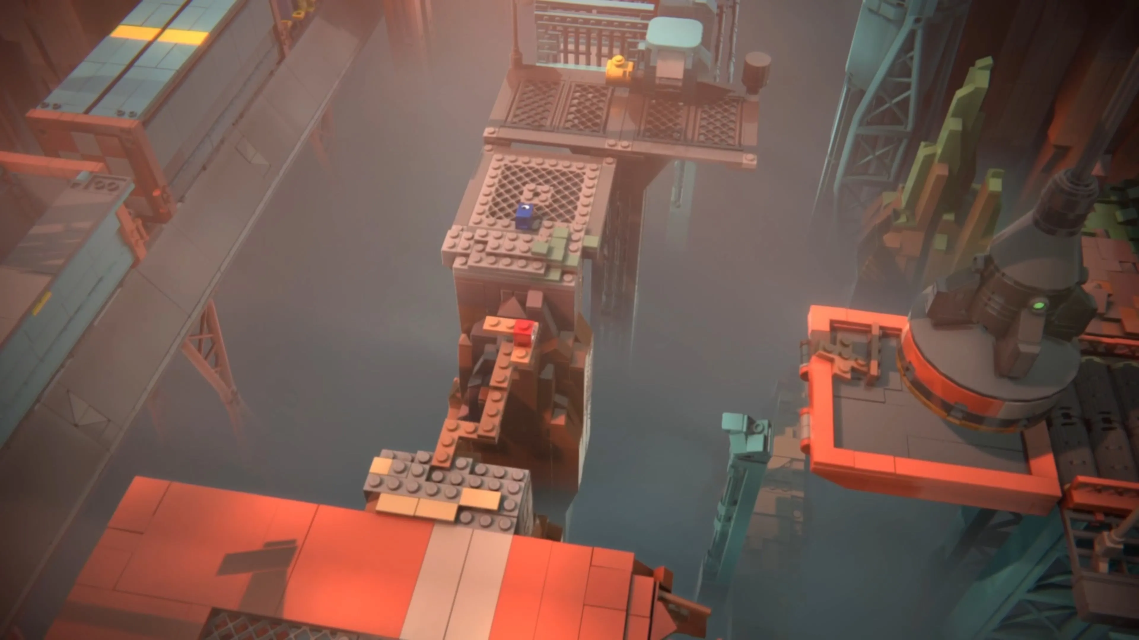 Hai nhân vật LEGO Red và Blue đang cẩn thận di chuyển giữa các nam châm để xây cầu.