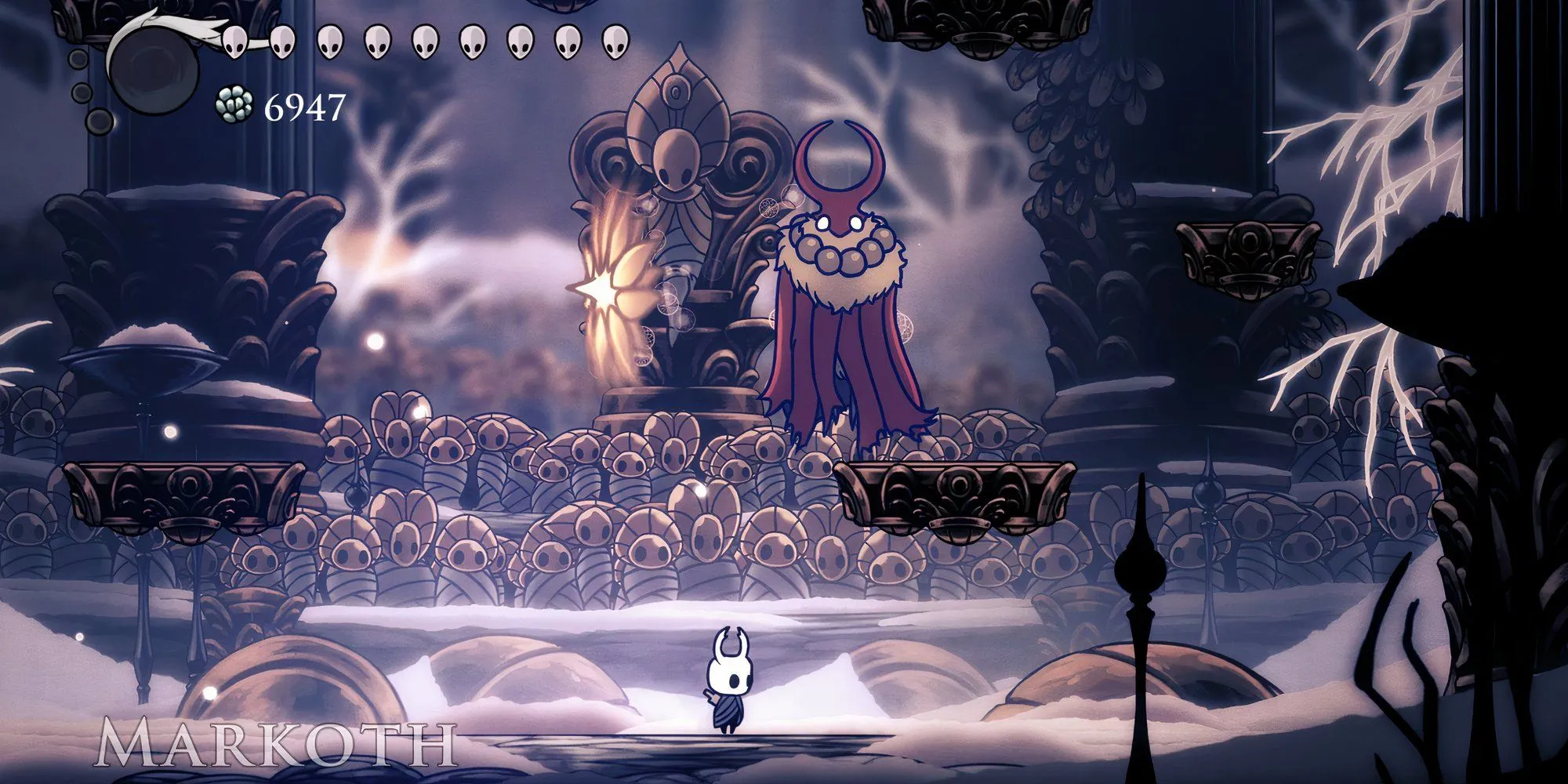 Hiệp sĩ Rỗng trong Hollow Knight chiến đấu với Markoth tại Đấu trường Godhome