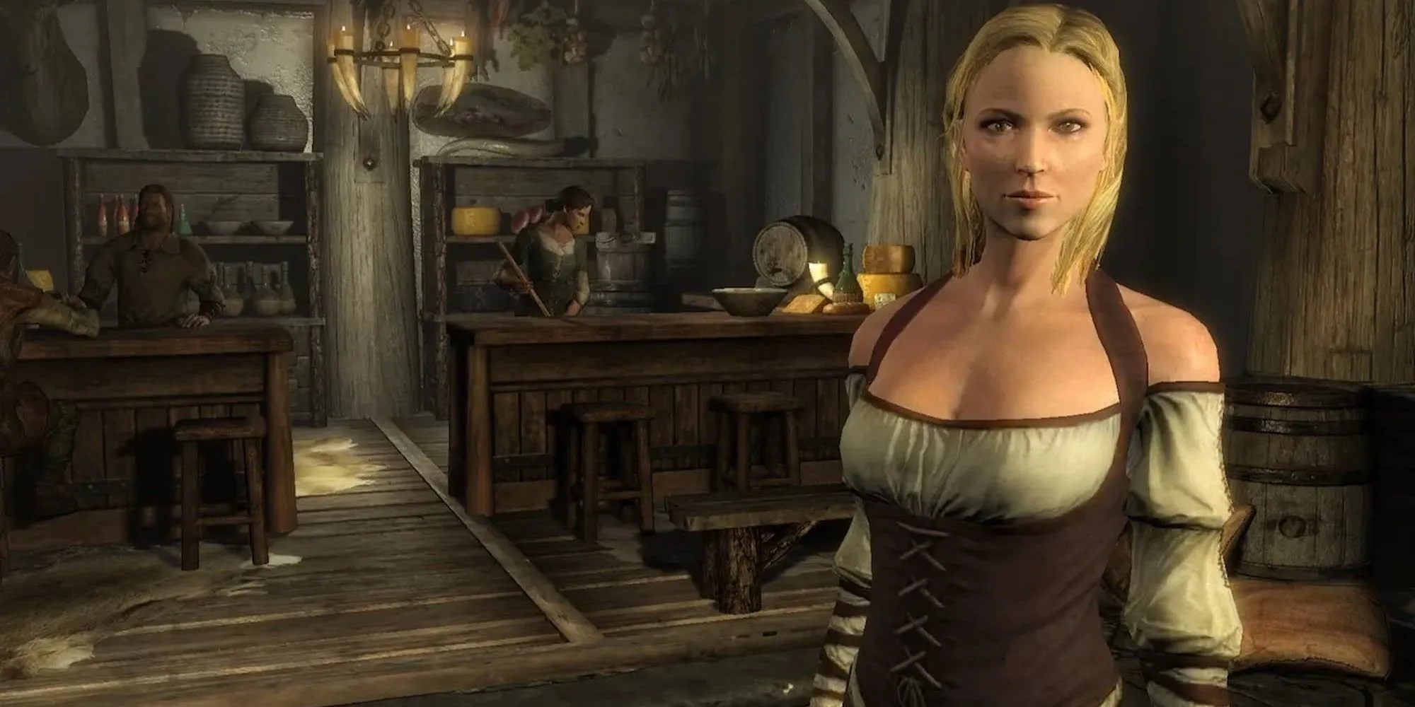 Hình ảnh một cửa hàng nhộn nhịp trong The Elder Scrolls V: Skyrim, phản ánh không khí sống động của Tamriel