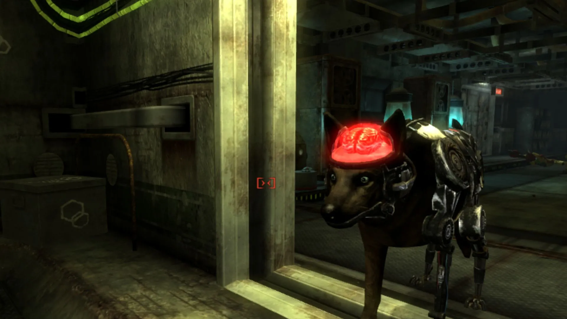 Hình ảnh Roxie, chú chó robot trong Fallout: New Vegas DLC Old World Blues, với vẻ ngoài đáng yêu và bộ phận máy móc đặc trưng, sẵn sàng chiến đấu.