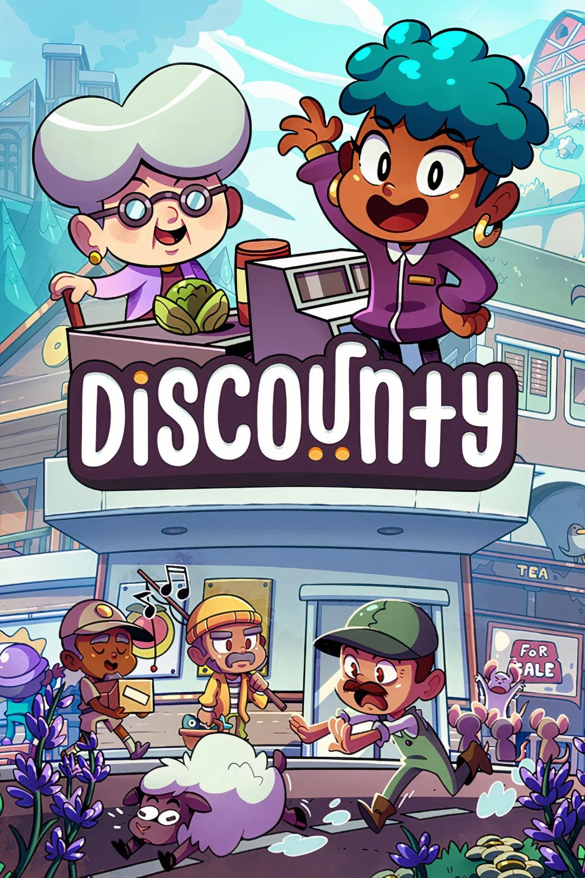 Hình ảnh tổng hợp gameplay và biểu tượng của game Discounty, minh họa cho phần đánh giá và điểm số cuối cùng.