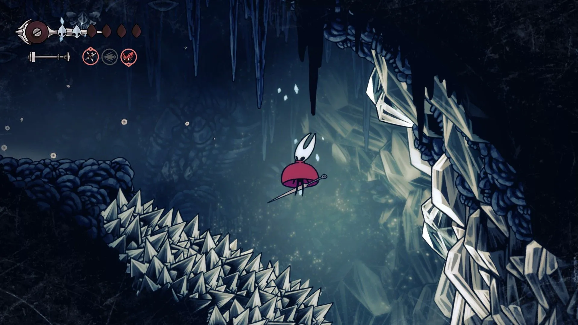 Hornet rơi qua bẫy chông trên Fay Mountain, minh họa độ khó thử thách của Hollow Knight Silksong