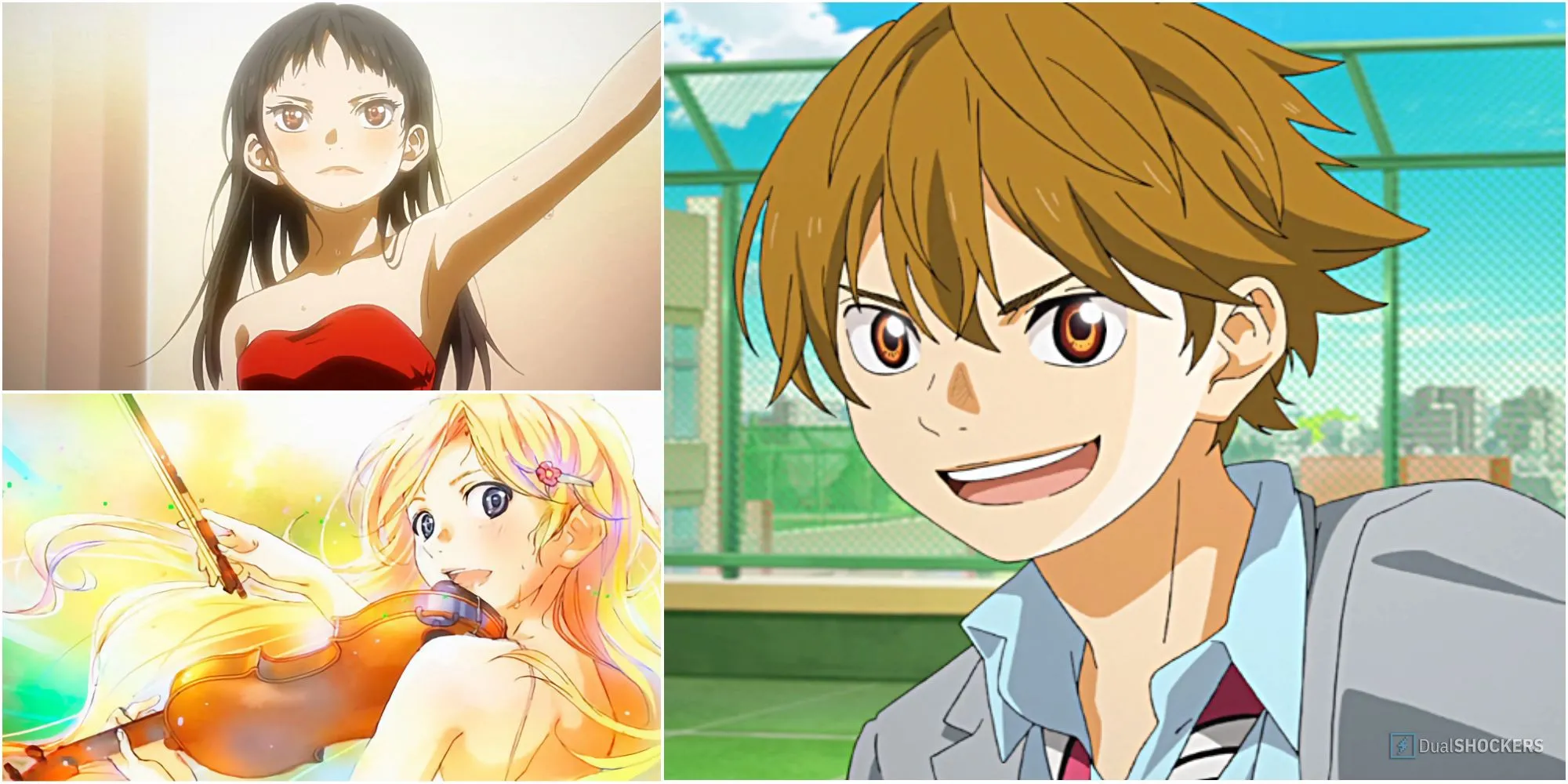 Kaori Miyazono, Emi Igawa và Kousei Arima trong khoảnh khắc trình diễn đầy cảm xúc của Your Lie in April, làm nổi bật sự phức tạp trong quá trình chữa lành.