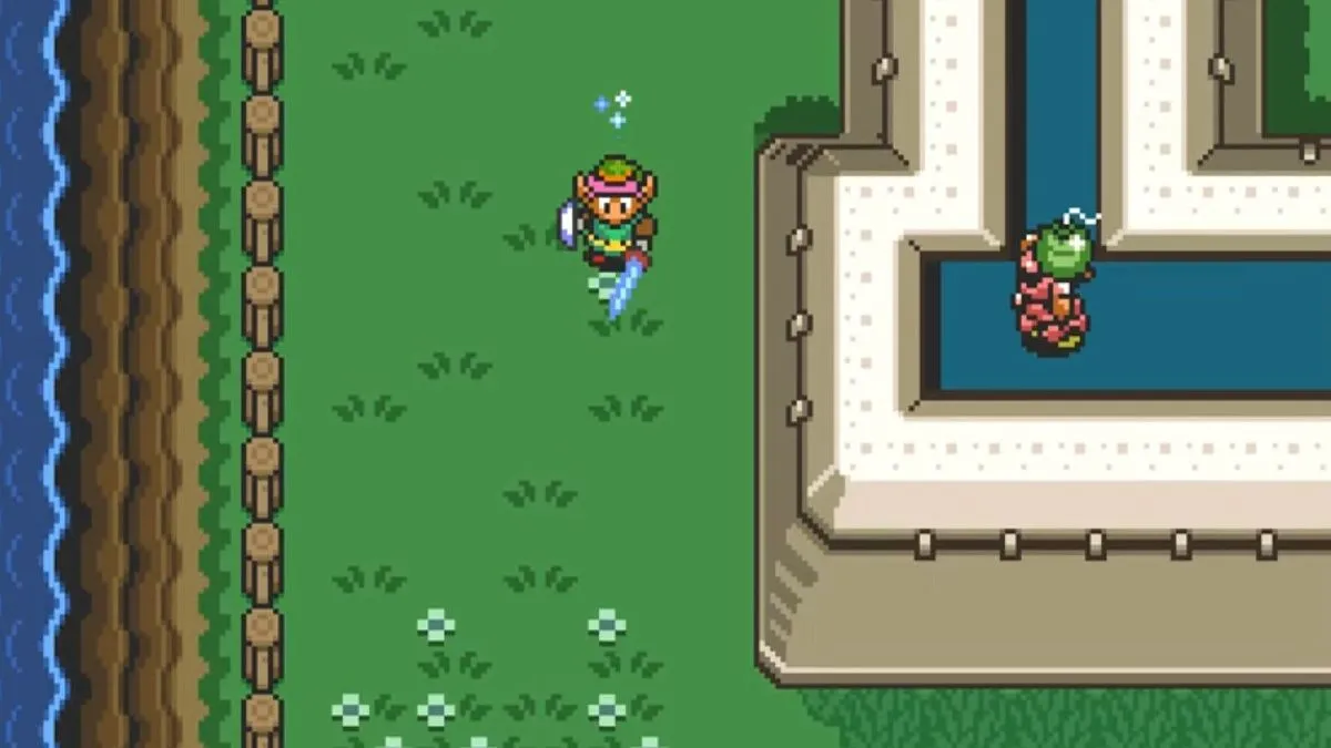 Link thực hiện kỹ năng Dash trong thế giới Dark World của The Legend Of Zelda: A Link To The Past