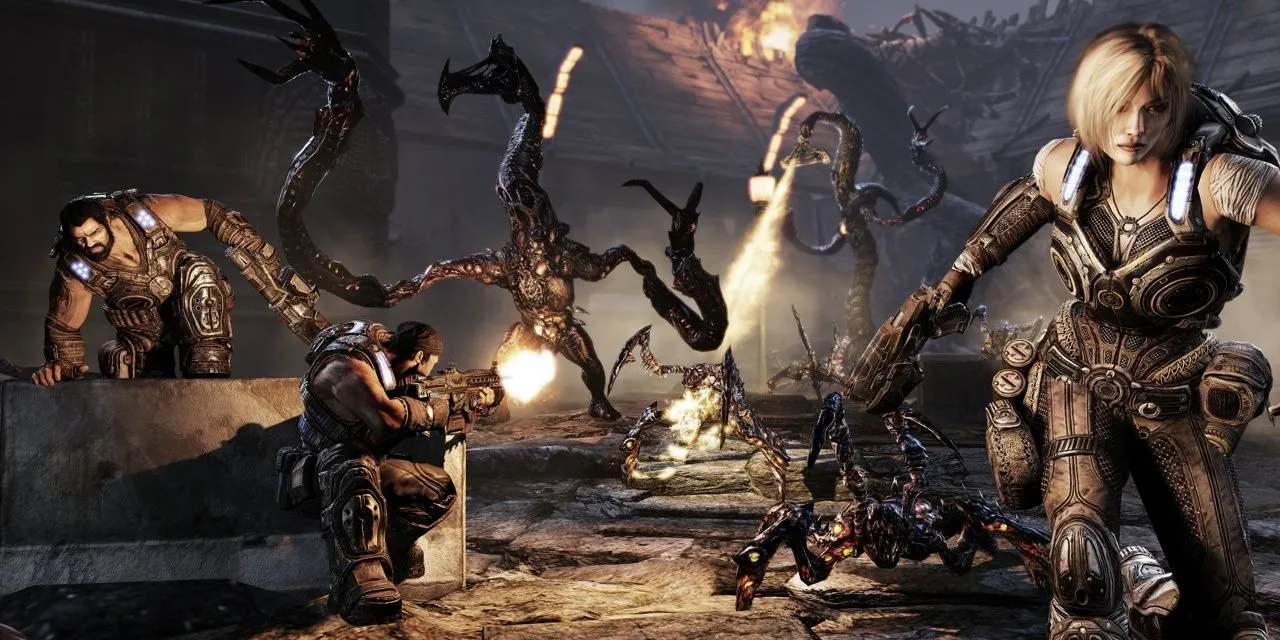 Marcus Fenix và Dominic Santiago trong artwork quảng cáo Gears of War 3, mô tả cuộc chiến sinh tồn chống lại Lambent và Locust.