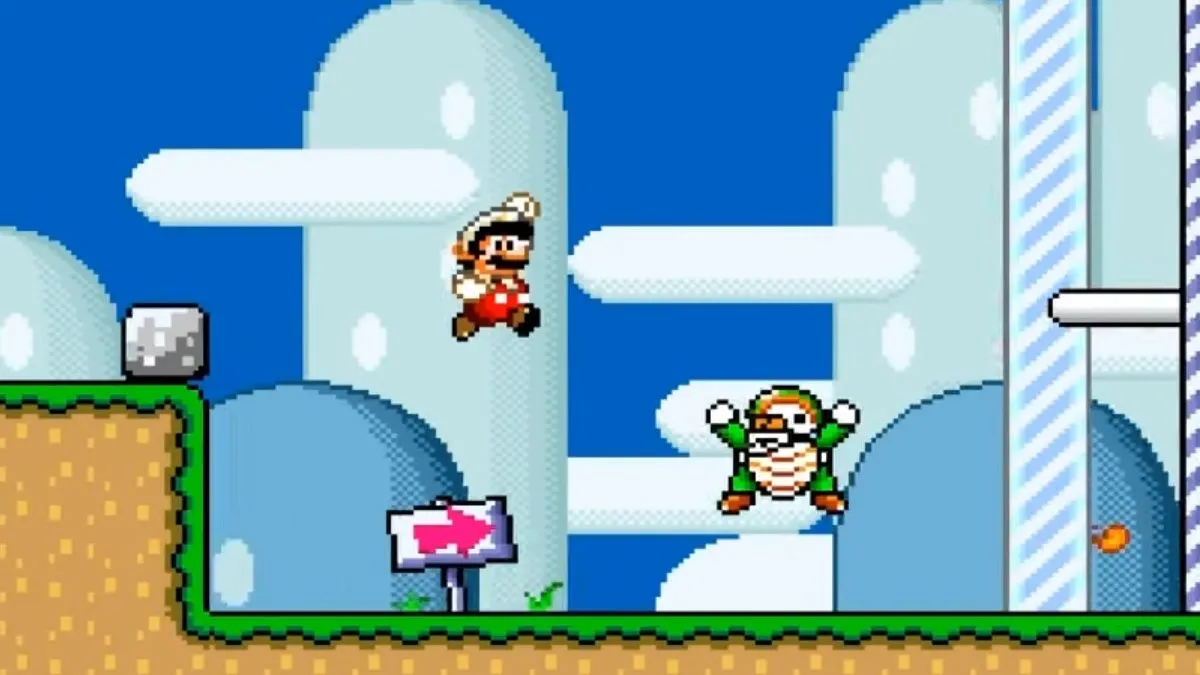 Mario cưỡi Yoshi đối đầu với kẻ thù trong thế giới bí ẩn của Super Mario World