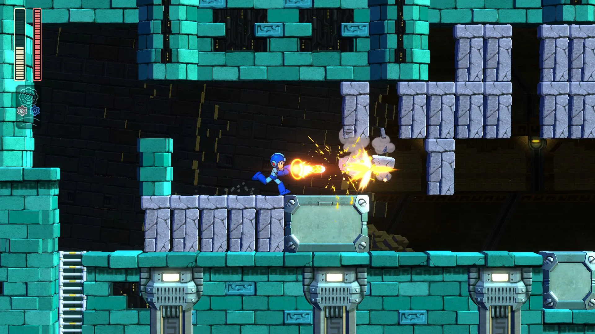 Mega Man 11 với Mega Man sử dụng vũ khí xuyên tường để tấn công kẻ thù, thể hiện cơ chế gameplay đặc trưng