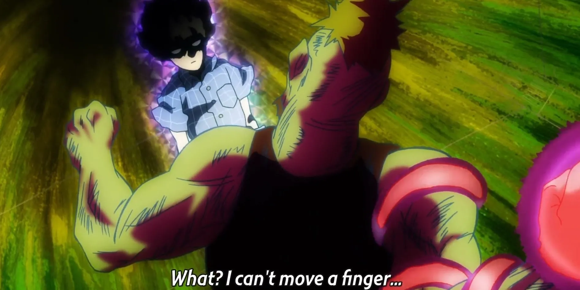 Mob Kageyama khóc trong vòng tay Reigen Arataka sau cuộc đối đầu với Claw trong Mob Psycho 100