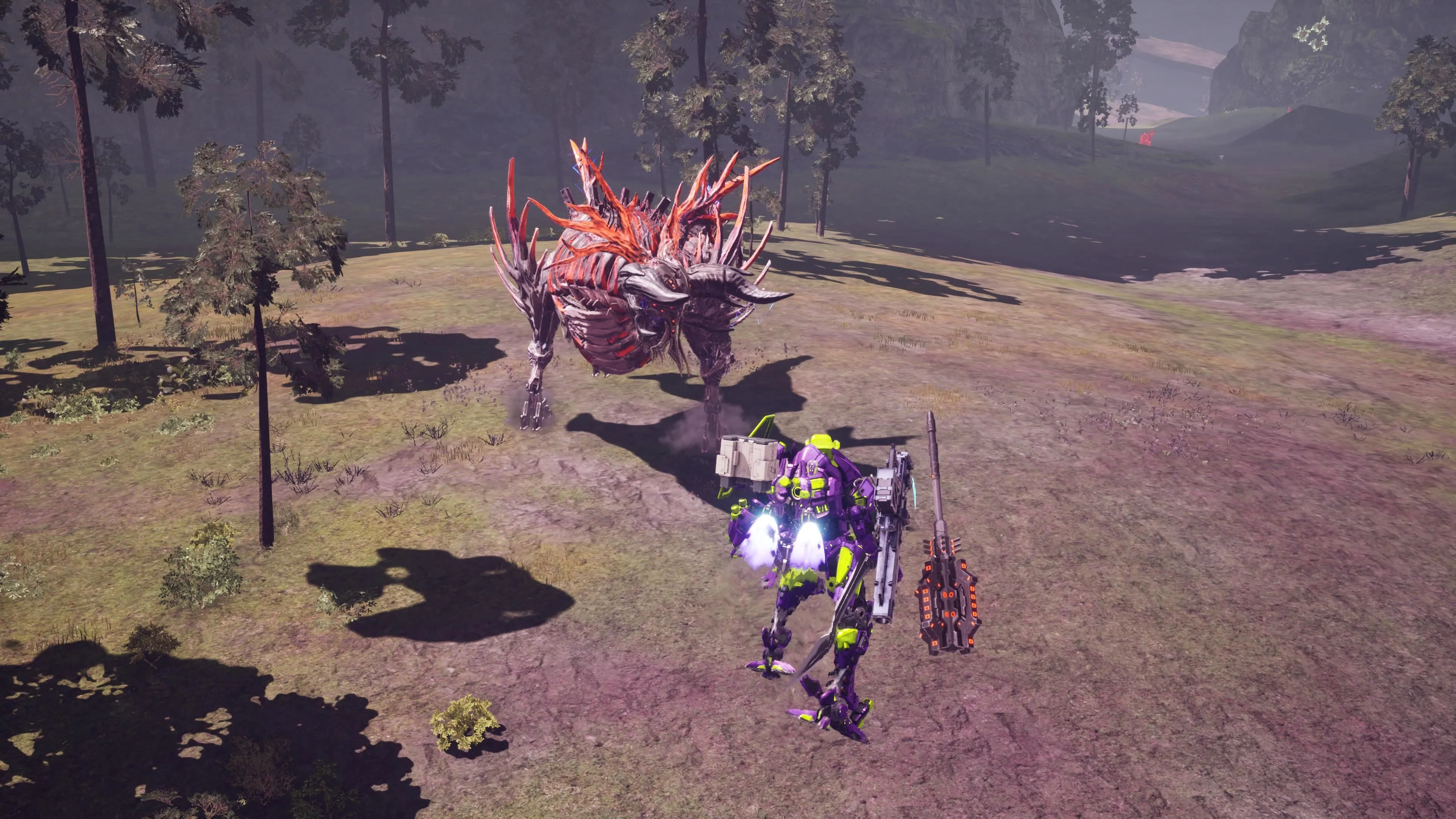 Một Arsenal mech đang giao tranh khốc liệt với một cỗ máy khổng lồ khác trong Daemon X Machina Titanic Scion, làm nổi bật các trận chiến boss hoành tráng.