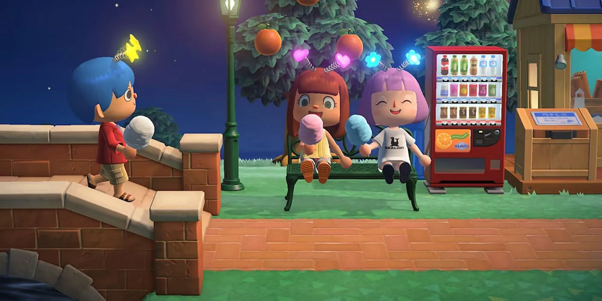 Một cư dân đang thưởng thức kẹo bông gòn trong Animal Crossing: New Horizons, thể hiện không khí thư giãn và vui vẻ của trò chơi