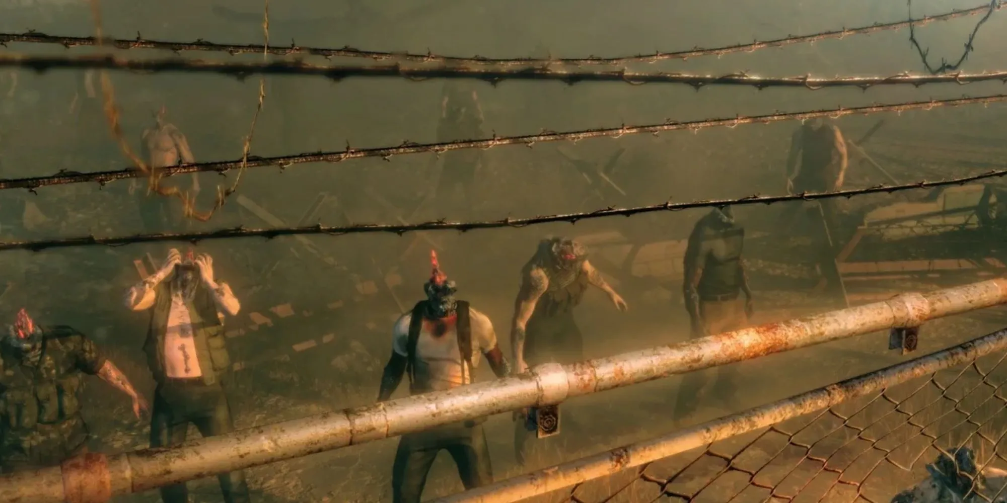 Một nhóm người sống sót đang chiến đấu chống lại bầy zombie tinh thể trong Metal Gear Survive, thể hiện yếu tố sinh tồn và môi trường khắc nghiệt của game.