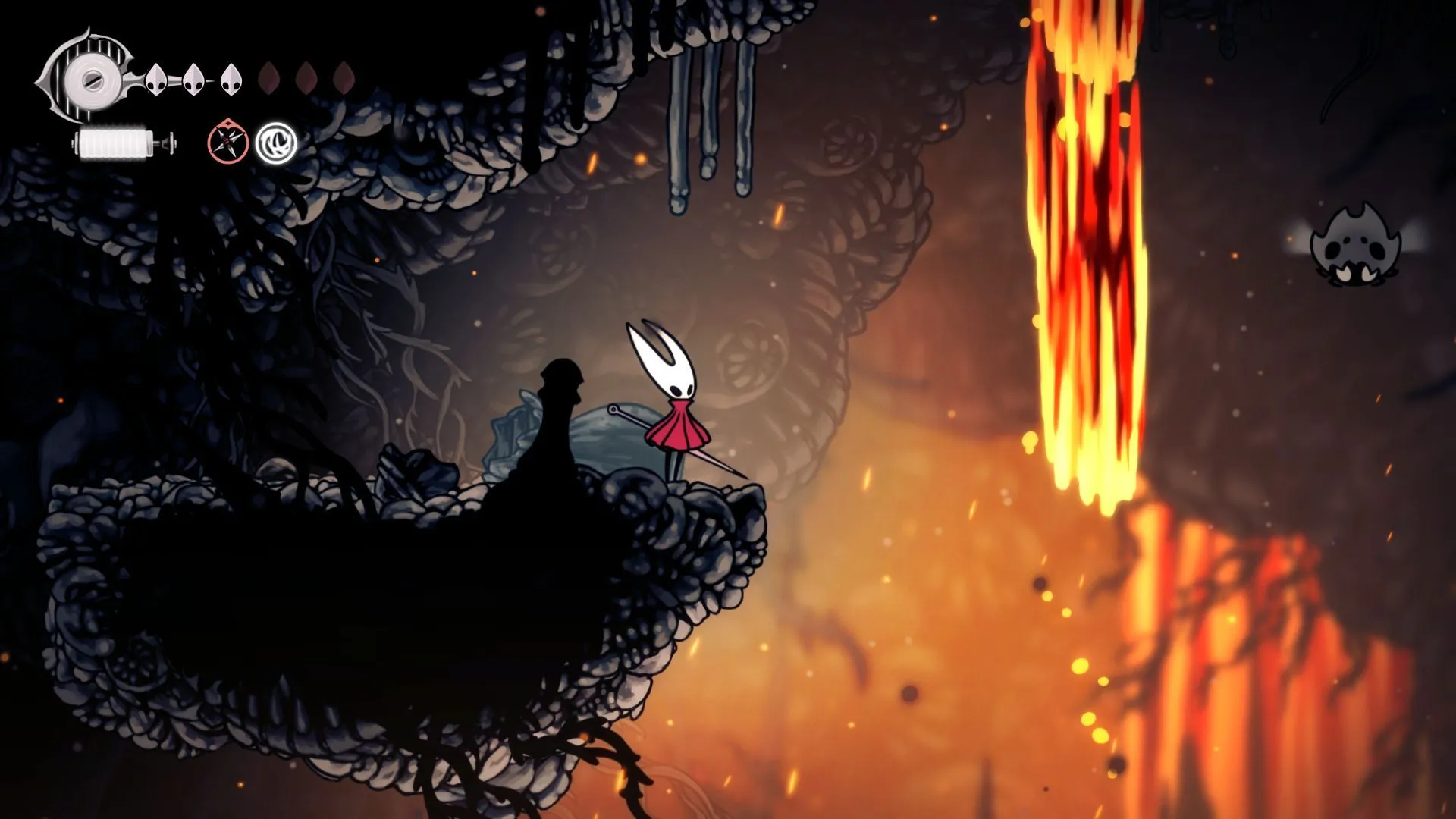 Một phân cảnh với hiệu ứng dung nham rực rỡ trong Hollow Knight Silksong, thể hiện đồ họa được nâng cấp