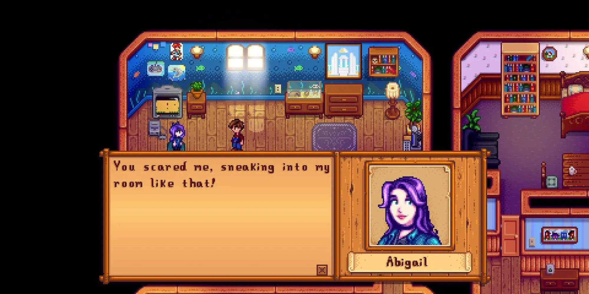 Người chơi đang trò chuyện với Abigail, một cư dân thân thiện ở Thị trấn Pelican trong Stardew Valley