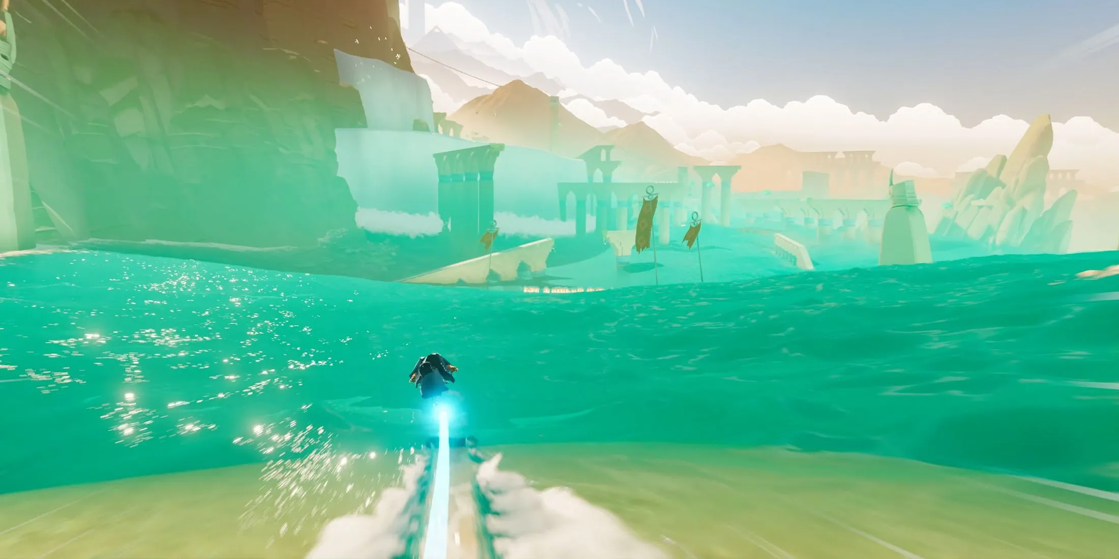 Nhân vật game Sword of the Sea lướt kiếm trên những con sóng cát, thể hiện cơ chế di chuyển độc đáo