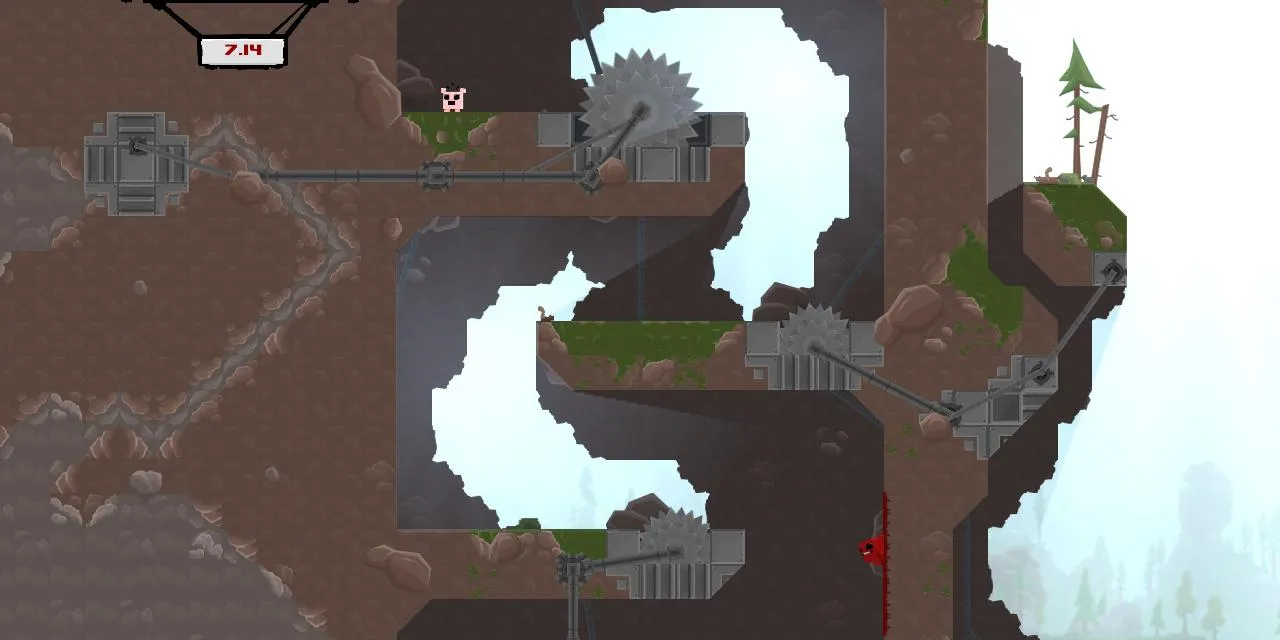 Nhân vật Meat Boy vượt qua thử thách nguy hiểm trong Super Meat Boy