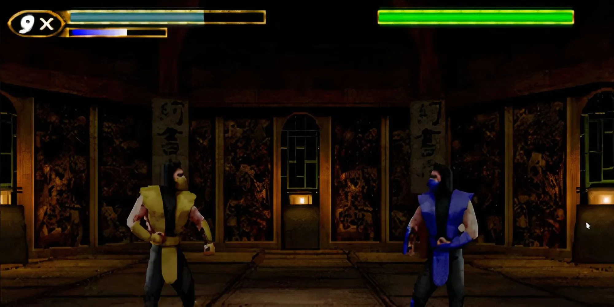 Nhân vật Sub-Zero trong Mortal Kombat Mythologies thực hiện đòn thế chiến đấu trên nền hang động băng giá, minh họa gameplay beat 'em up kém chất lượng.