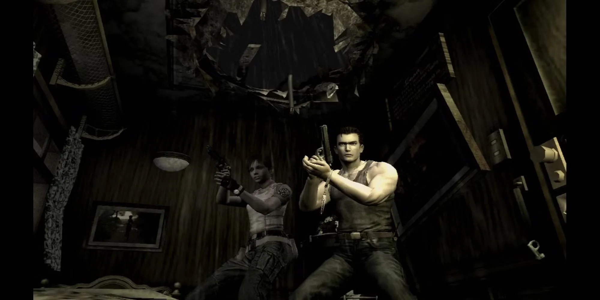 Nhân vật trong Resident Evil The Umbrella Chronicles cầm súng nhắm vào một quái vật zombie, thể hiện sự chuyển đổi thể loại light gun game.