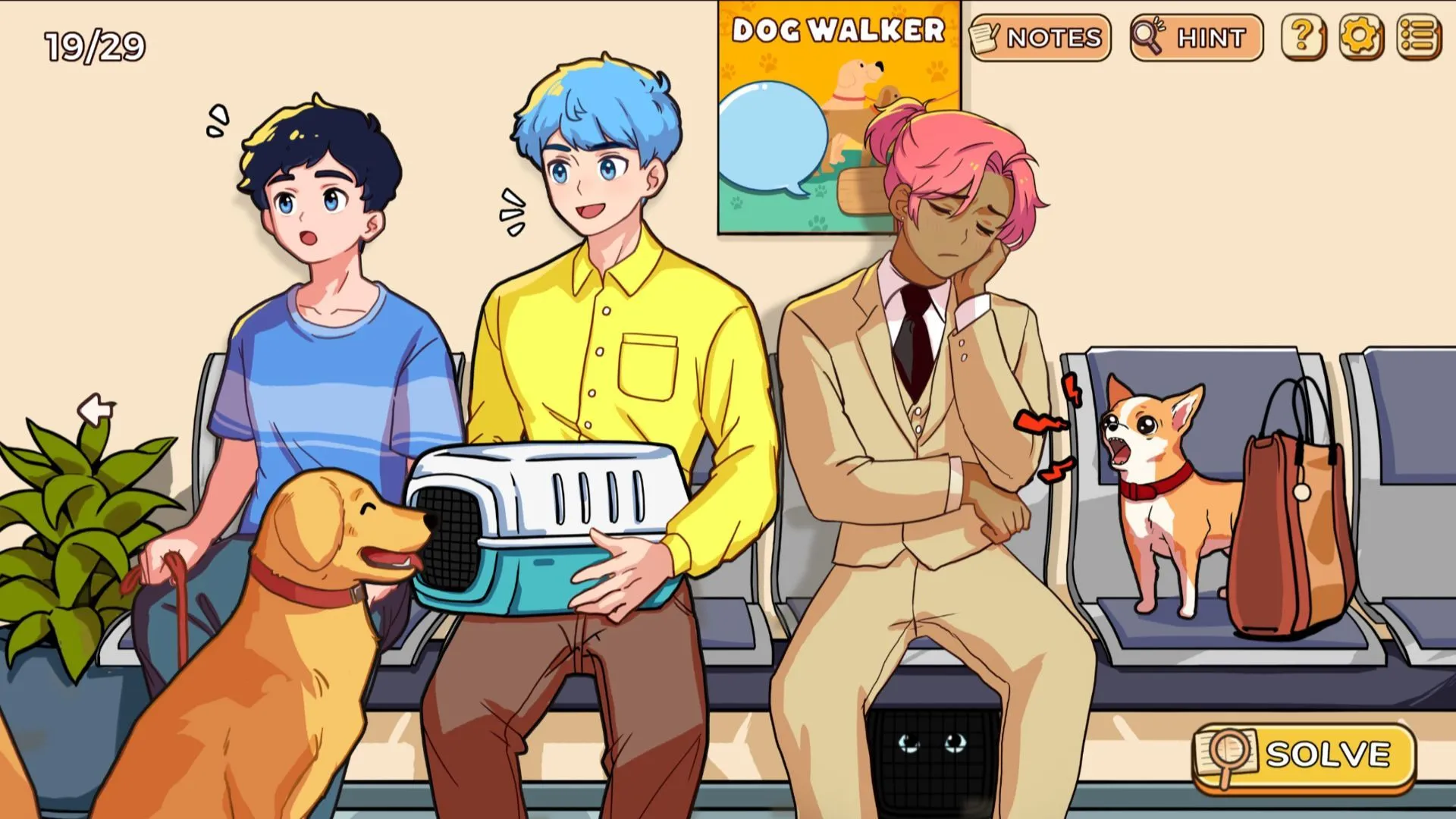 Phong cách đồ họa anime trong Little Problems với ba nam nhân vật và thú cưng tại phòng chờ