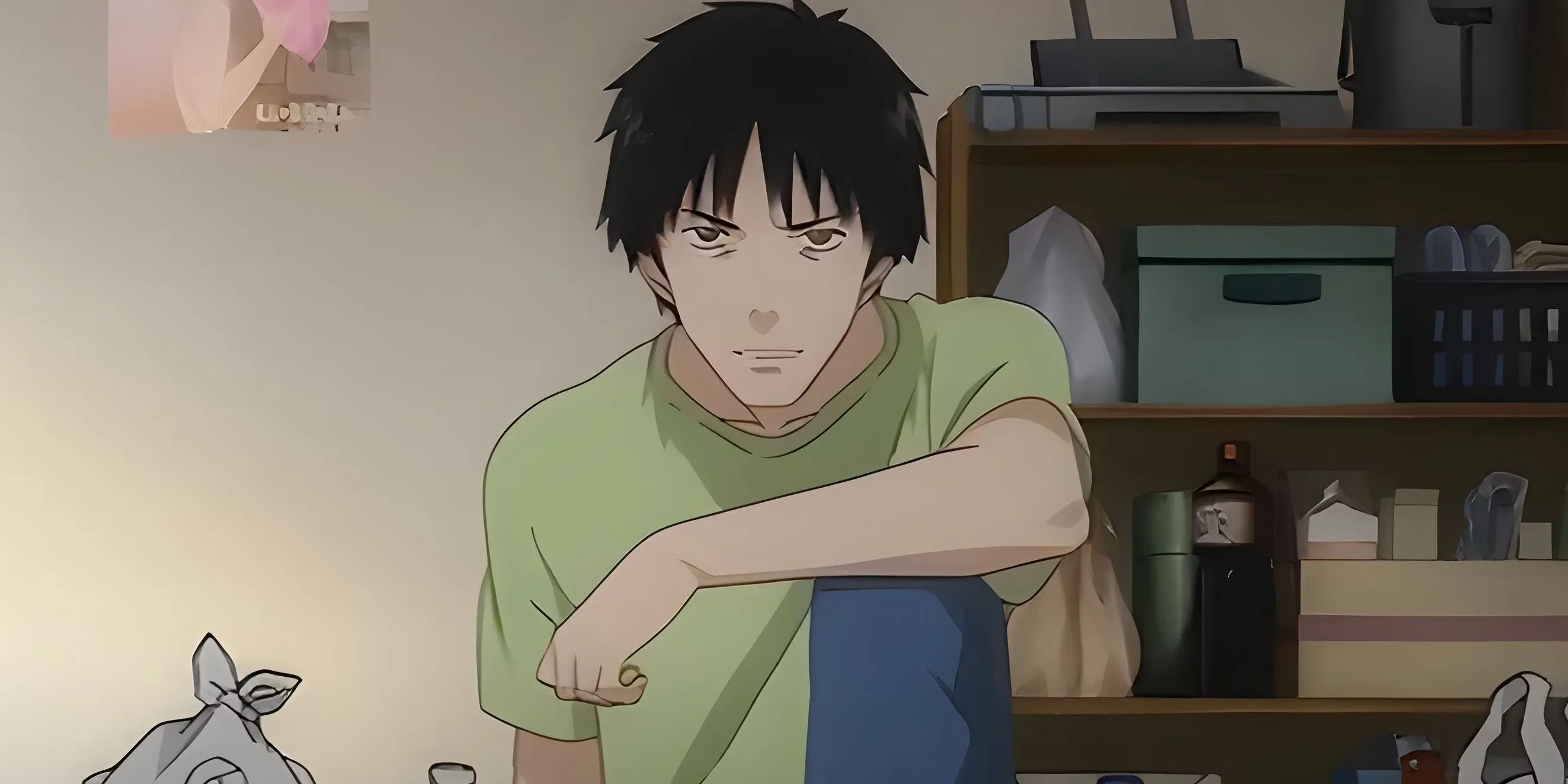 Satou Tatsuhiro, nhân vật chính cô lập và trầm cảm trong anime Welcome to the NHK, đối mặt với sự tự ghê tởm.