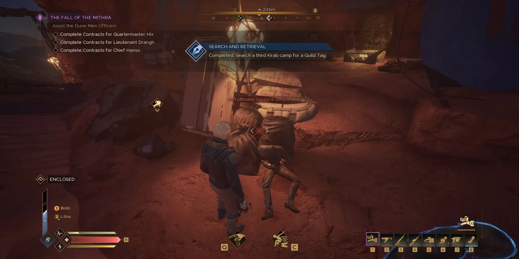 Thi thể thợ đào gia vị và thẻ bài guild thứ ba được tìm thấy dựa vào đống rác ở Dune Awakening