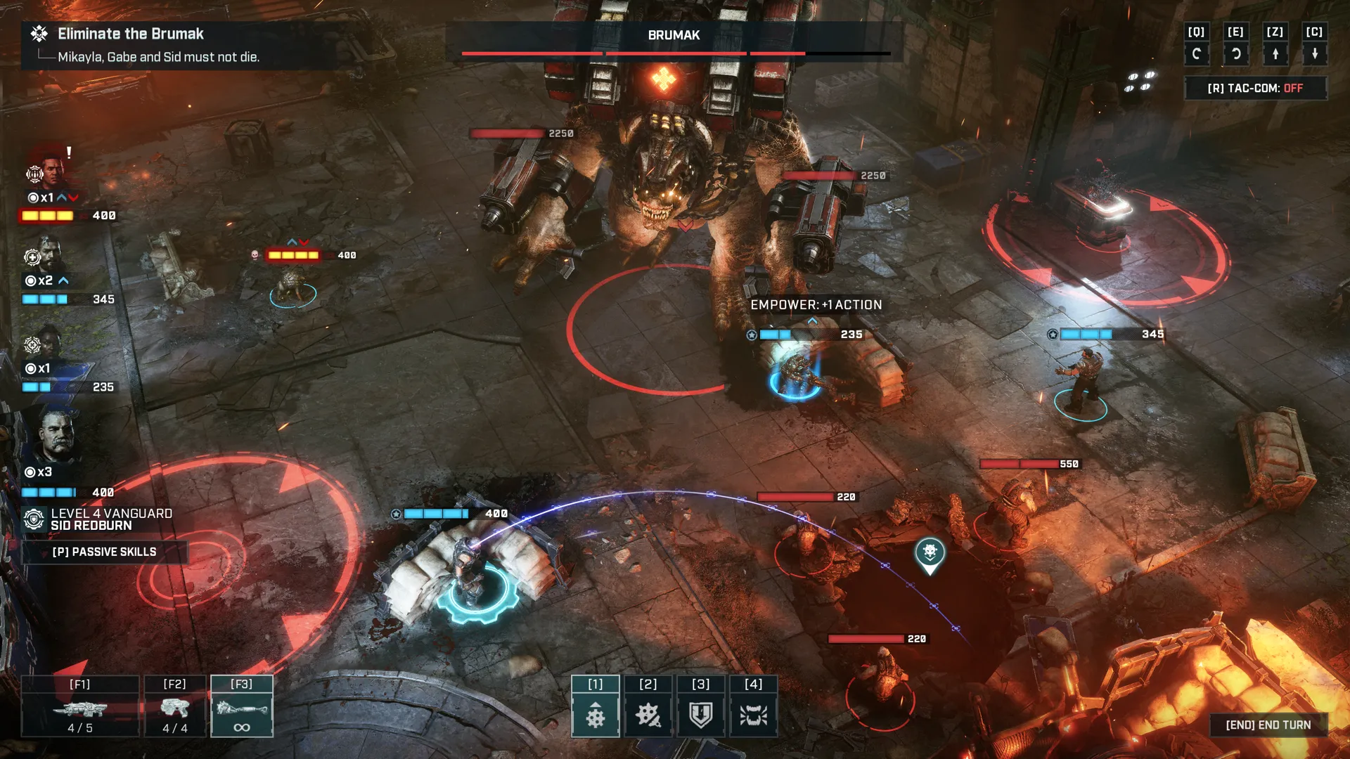 Ukkon, nhà khoa học Locust phản diện chính, cùng Brumak trong game chiến thuật Gears Tactics, bối cảnh trước Emergence Day.