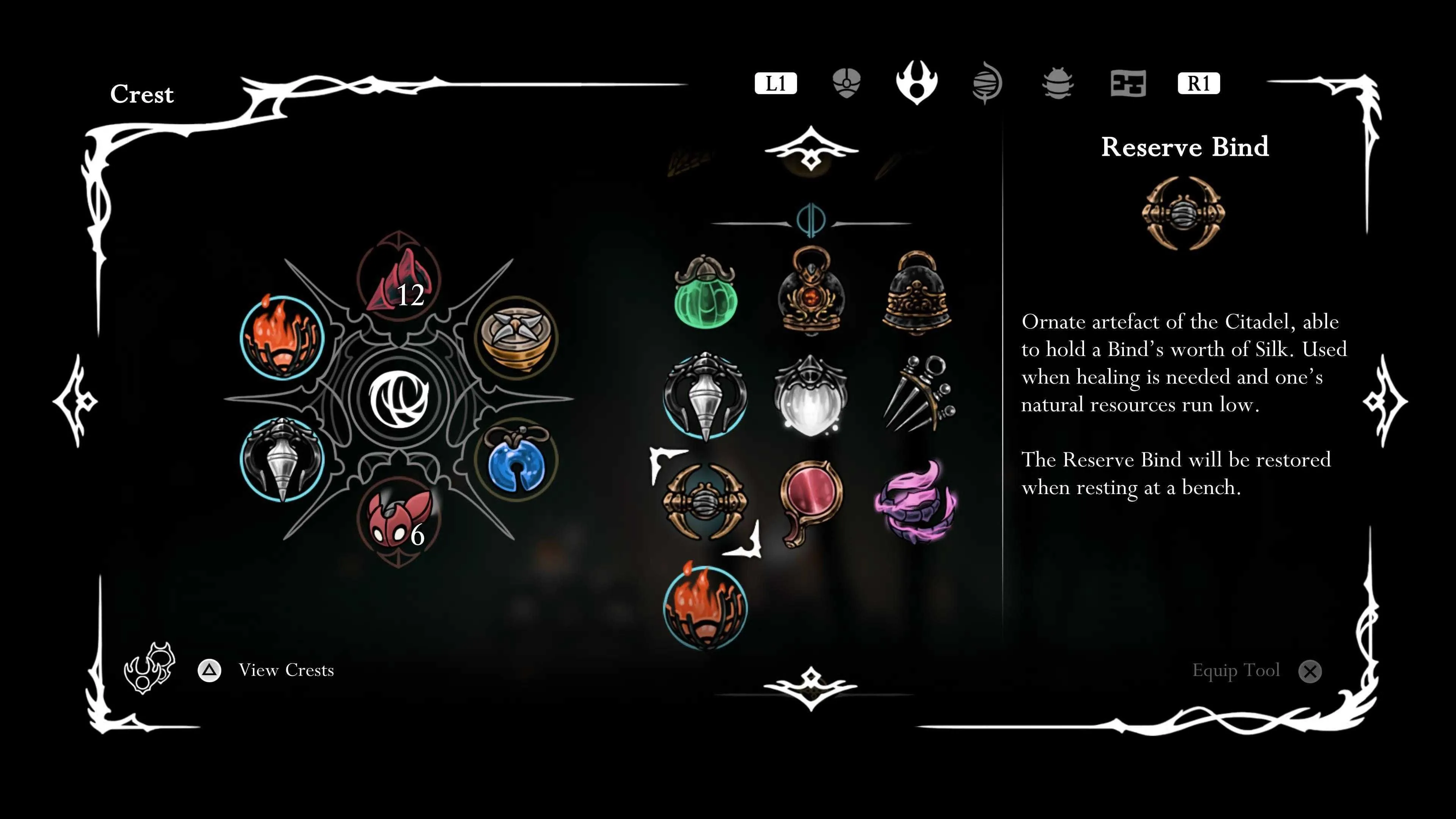 Vật phẩm Reserve Bind, công cụ hữu ích cho phép tích trữ thêm một lượng Silk dự phòng trong Hollow Knight Silksong.